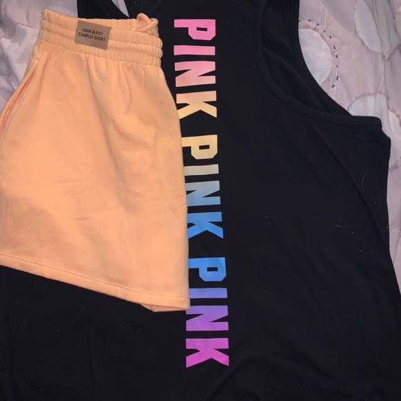 VS PINK NEW! M Black Rainbow Tank Light Orange 3 1/2” Campus Shorts 2 piece SET - Picture 2 of 4